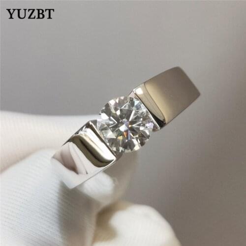 YUZBT Men Solid 925 Silver 1 Carat 6.5mm Excellent Cut Gemstone Wedding Ring Diamond Test Past Round D Color Moissanite Rings