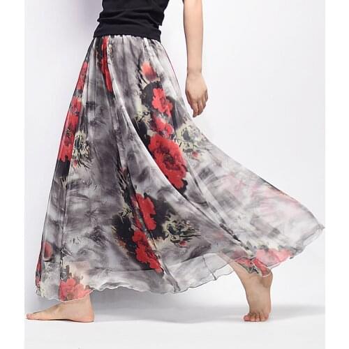 Fashion Floral Chiffon Skirts Womens Elegant Long Skirt Casual Beach Skirts Saias Ladies Summer Woman Female Maxi Skirts