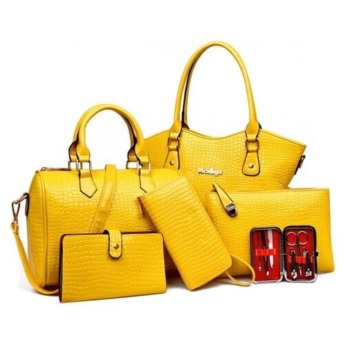 6pcs Women Handbag Set Patent Leather Fashion Crossbody Shoulder Bag Crocodile Large Tote Bag Purse Clutch Yellow Composite Bag