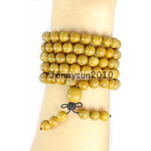 Natural Woodgrain 8mm Gem Stone Buddhist 108 Beads Prayer Mala Multi-Purpose Stretchy Bracelet Necklace 2Strands/Pack