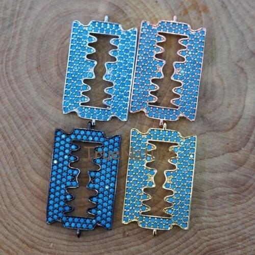 Wholesale Turquoises Beaded Paved Connector, Blade Shape Charm, Copper Metal Pendant Double Bails In 14.8*25.9 mm PC6743