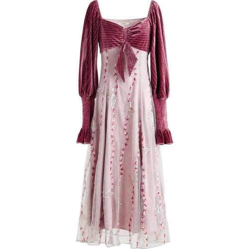 PERHAPS U Pink Long Sleeve Autumn Velvet Mesh Mid-calf Midi Dress Vintage Patchwork Sequined D1474