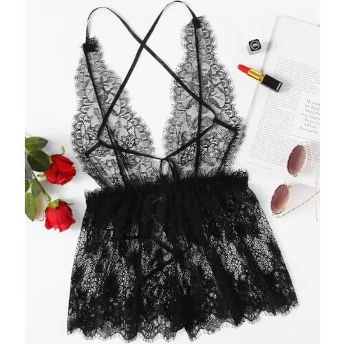 Sexy for adults women pajamas Floral Lace Criss Cross Romper Bodysuit Spring Criss Cross and Backless sleepwear