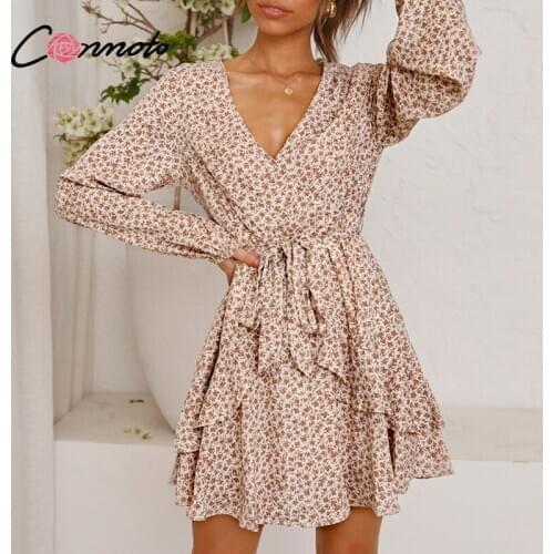 Conmoto V-neck layered ruffle print women dress Office floral printed a line female dress Spring elegant boho ladies vestidos