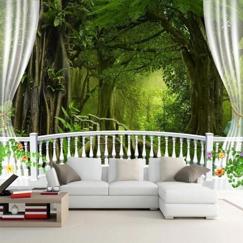 Custom Photo Mural 3D Balcony Window Green Big Tree Forest Landscape Fresco Waterproof Canvas Fabric Wallpaper For Living Room