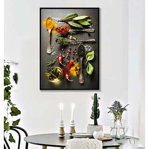 Poster Cereal Spice Spoon Vegetable Cooking Food Fruit Kitchen Oil Painting Mural Living Room Home Decoration (Unframed)
