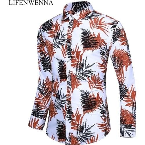 LIFENWENNA Autumn New Arrival Mens Casual Shirt Fashion Leaves Print Long Sleeve Shirts Mens Big Size Business Office Shirt 7XL