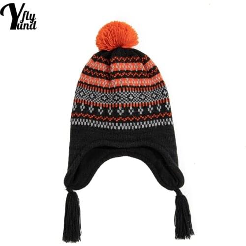 Yundfly Childrens Printed Furball Hat Comfortable Warm Knitting Cap with Tassel Fashion Handmade Crochet Baby Headwear Kid Gift