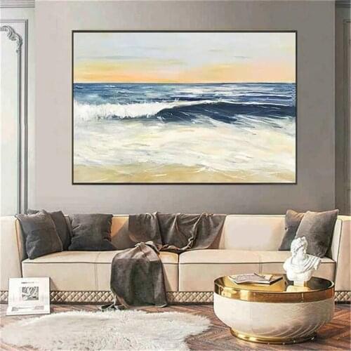 Hand-painted Modern Oil Painting Abstract Seascape Ocean Wave Sunrise Texture Canvas Painting Living Room Decorative Wall Art
