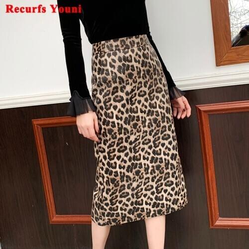 2020 Winter Women Leopard Print Genuine Leather Long skirt Female Over Knee Wrap Jupe Mujer Back Split Wild Sexy Faldas Sreet