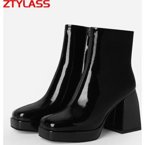 2021 Autumn Winter Genuine Leather Women Ankle Boots Fashion Zipper Platform Women Shoes Ladies Square High Heel Short Boots