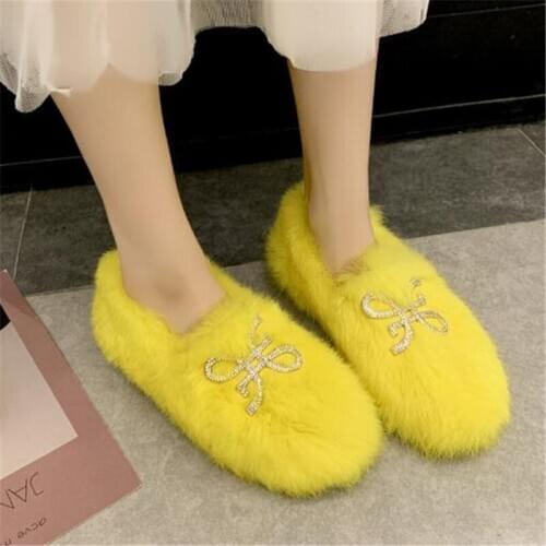 Womens Winter Beanie Shoes Warm Rhinestone Furry Shoes Woman Fur Slides Indoor Thickening Plush Cotton Shoes Ladies Ommino shoe