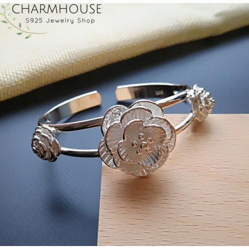 Wristband Wedding Bangles For Lady Women Sterling Silver 3 Flower Cuff Bangle Bracelet Pulseira Bridal Jewelry Bijoux Party Gift