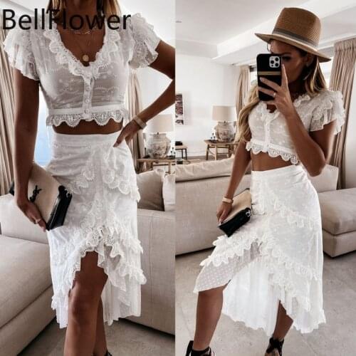 Swing Dress Women Ruffles Two Piece Set Summer Sexy Floral V Neck Button Tops Irregular Beach Skirt Embroidery Flower Lace Suits