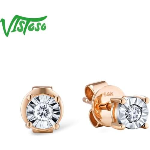 VISTOSO Pure 14K 585 Two-Tone Gold Sparkling Illusion-Set Miracle Plate Diamond Earrinings For Women Fashion Trendy Fine Jewelry
