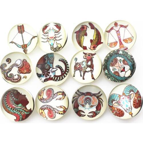 12pcs/lot Random Cartoon 12 Constellations Snap Button Horoscope 18mm Glass Snap Buttons Charms Fit DIY Snap Bracelet Jewelry