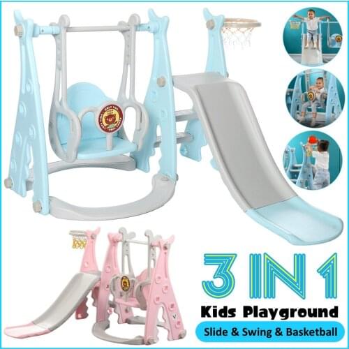 3 in 1 Childrens Sliding Board Seesaw Home Kids Playground Plastic Slide Basketball Toy Set Indoor Kindergarten Swing for Child