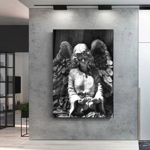Black and White Angel Statue Canvas Painting Wall Art Poster and Print Angel Wings Sculpture Picture for Living Room Home Decor