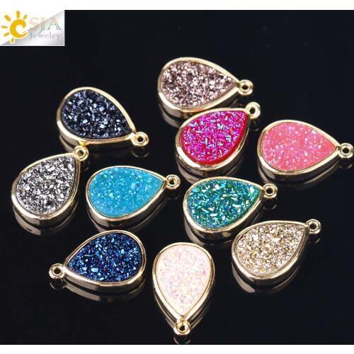 CSJA High Quality Druzy Beads Water Drop Loose Bead Tear Drops Gold-color Single Hole Connector for Women Earrings Bracelet F576