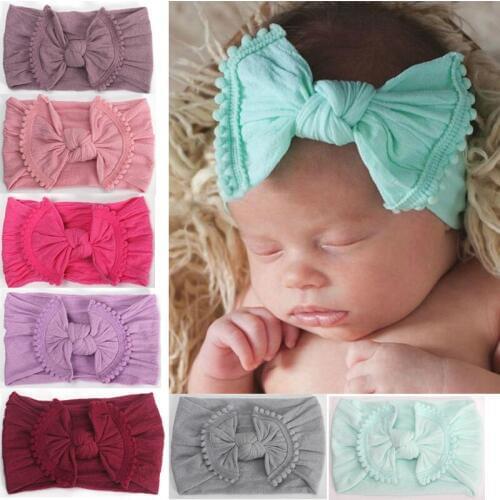Pompom Trim Nylon Baby Headbands, Soft Nylon Turban Head wrap, One Size fits most Baby Shower gift Girls Hair Accessories