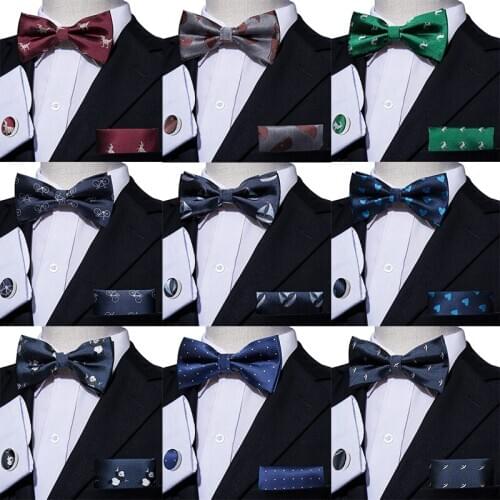 Pre-Bow Tie For Men Silk Butterfly Mens Tie Red Hanky Cufflinks Set Collar Cartoon Dinosaur Removable Necktie Wedding Party