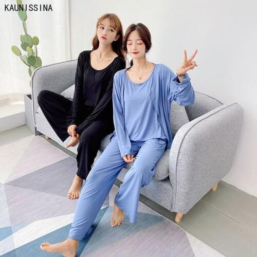 3 Pieces Sleepwear Set Long Sleeve Modal Home Clothes Womens Loose Pajamas Soft Homewear Plus Size Loose Pajama Set Loungewear