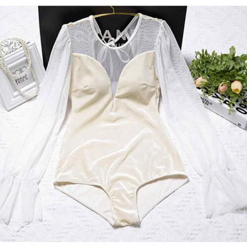 2020 Korean version of the best-selling bikini sexy slim cover belly backless mesh long-sleeved fairy fan one-piece swimsuit fem