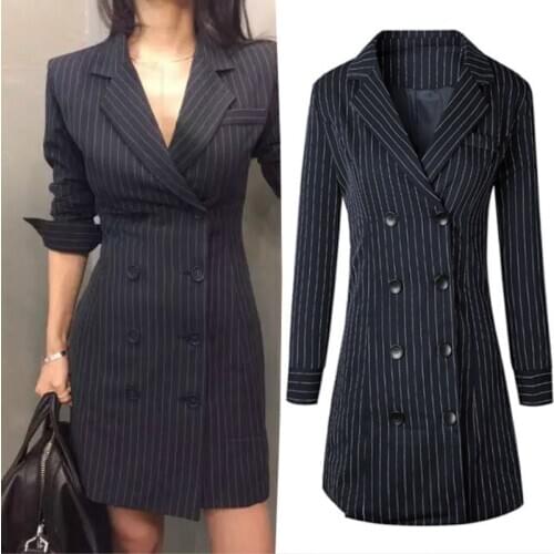 HStar Jacket Women 2020 Autumn Womens New Style Small Suit Stripe Double Breasted OL Commuter Suit Slim Fitted Jacket