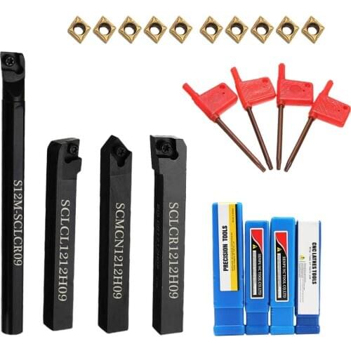 Metal 4Pcs Lathe Boring Turning Tool Bar Holder with 10pc Inserts with Wrench