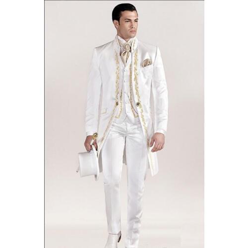 Embroidery Groomsmen Mandarin Lapel Groom Tuxedos Men Suits Wedding/Prom/Dinner Best Man Blazer(Jacket+Pants+Tie+Vest)