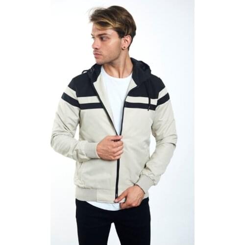 Mens Hooded Front Piece Black & Cream Raincoat New Season Seasonal Front Zipper Double Pocket Cuff Elastic Young Style Sport