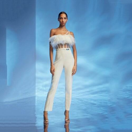 2020 Winter New Womens Bodyco Jumpsuit Decorated With Feather Tassels Hollow Sexy High-quality Rayon Bandage Jumpsuit