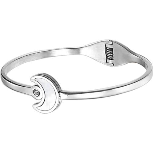 RIR New Arrived Bracelets Silver Stainless Steel Fashion Moon Shape With Crystal Round Bangle For Women Jewelry Gifts