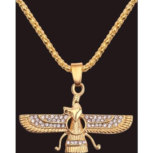 Gold Color Hip Hop Faravahar Ahura Mazda Pendant Necklaces Male Vintage Zoroastrianism Necklace Jewelry Men Gift