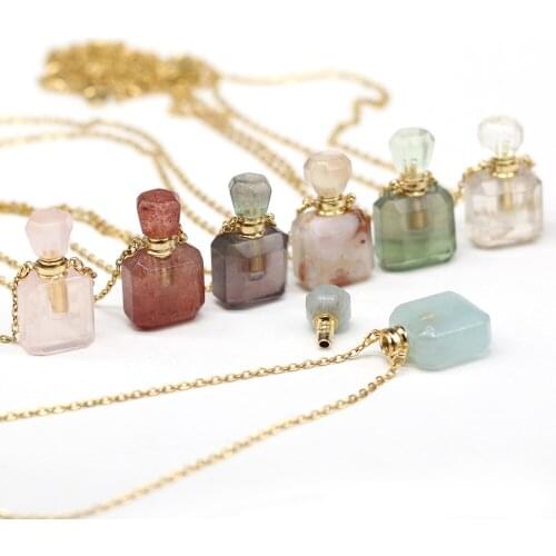 Natural Perfume Bottle Crystal Stone Pendant Necklace Fluorite Agates Aquamarine Essential Oil Diffuser Charm Copper Chain Jewel