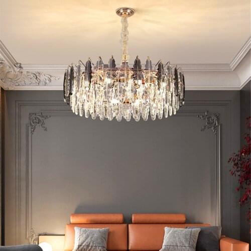 Post-modern Luxury Smoky Gray Crystal Large Pendant Lights Atmosphere Living Room Lamp Villa Crystal Decor Lamp Kitchen Fixtures