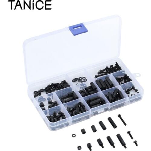 TANiCE 260pcs M3 Black Nylon Screw Nut Standoff Plastic Screw Nut Assortment Kit Hex Spacer Screw Nut Set With Plastic Box