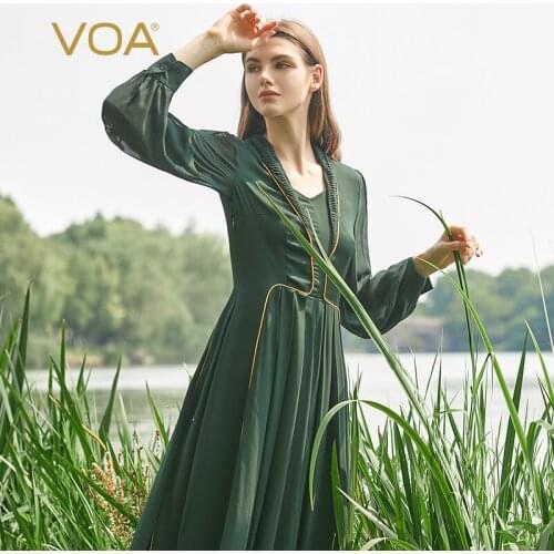 VOA Silk 40m/m Double-sided Georgette Tea Green Evening Dresses Lapel Fold Open Line Splicing Lantern Sleeve Party Dresses AE989