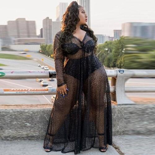 XL-5XL Plus Size Glitter Sequin Spliced Maxi Dress Women Black V Neck Full Sleeve Pleated Dress Vintage See Through No Inside