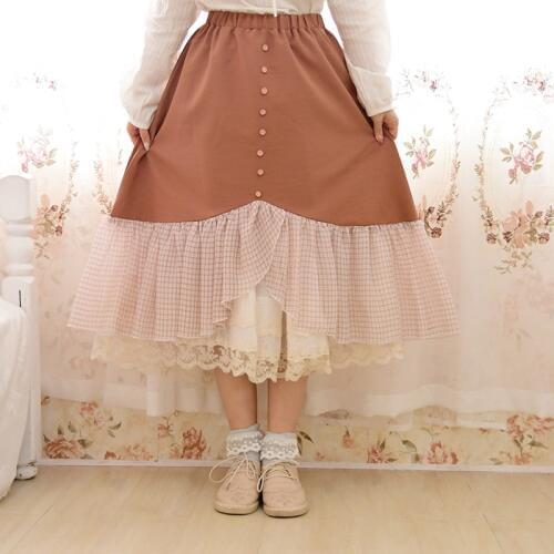 Japanese Mori Girl Harajuku Lolita Vintage Retro Plaid Ruffle Cotton Linen Patchwork Women Elastic Waist Skirt Autumn Faldas
