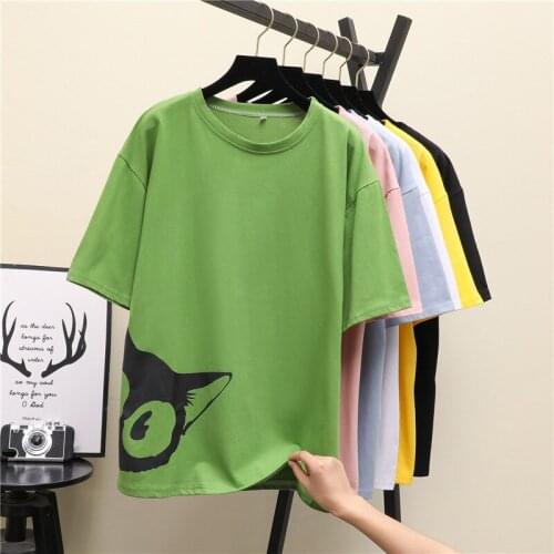 Plus Size Womens Summer Loose T Shirts New O-Neck Short Sleeve Cat Print Cartoon T-Shirt for Girls Students Couples Tops Tees