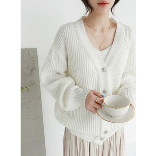 Women Autumn Winter V Neck Single Breasted Sweater Coat Brief Solid Color Loose Knitted Jacket Cardigan