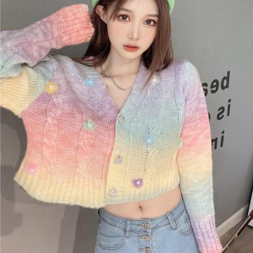 2021 Autumn Winter New Korean Gentle Wind Jacket Women Short All-match Rainbow Striped Knitted Cardigan Sweater