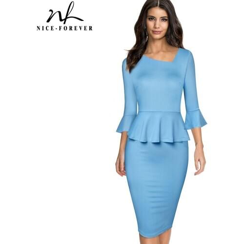 Nice-Forever Spring Pure Color Elegant Peplum Work Dresses Formal Business Bodycon Slim Women Dress B609