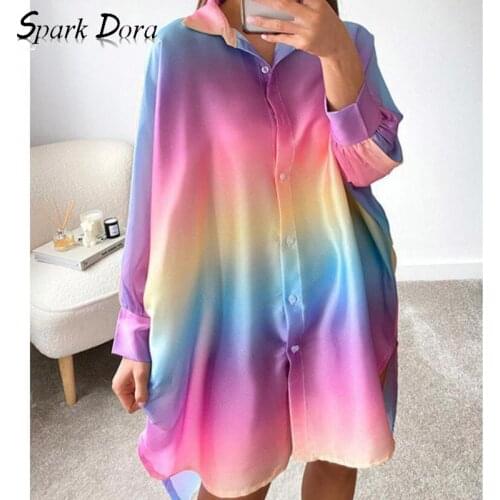 Spring/autumn Ladies Chiffon Dress Women Temperament Rainbow Casual Turn-down Collar Elegant Dress Comfort Vestidos