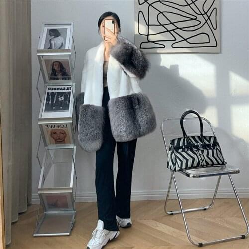 2021 New Leather Coat 100% Natural Fur Coat Female Winter Warm Black Fox Stitching Rex Rabbit Fur Coat High Quality Fur Coat