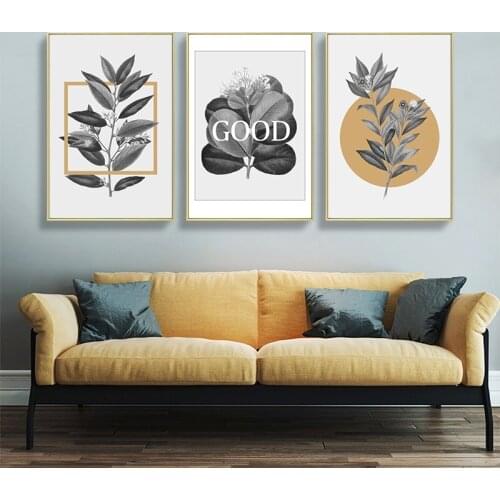 3 Pieces Yellow Black Leaves Scandinavian Print Poster Wall Art Canvas Painting Nordic Modern Wall Picture Living Room Decor