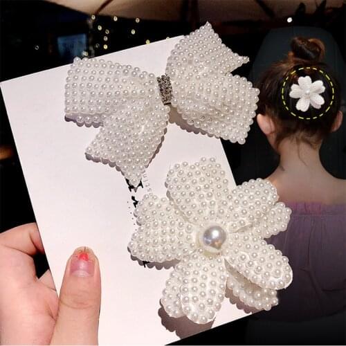 1Pc White Pearl Hair Bows with Hair Clips for Girls Kids Boutique Layers Bling Rhinestone Center Bows Hairpins Hair Accessories