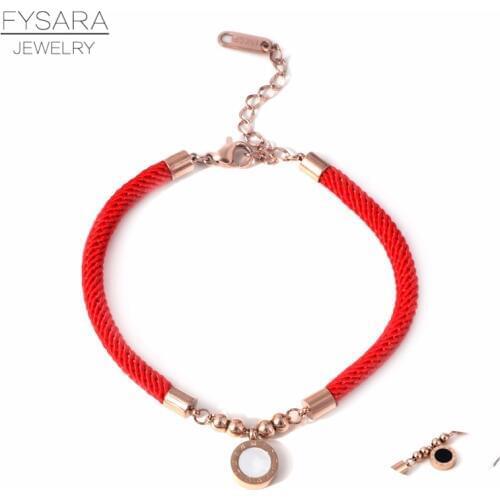FYSARA Black White Shell Roman Numeral Red Rope Bracelets & Bangles For Women Stainless Steel Beads Charm Bracelet Lucky Jewelry