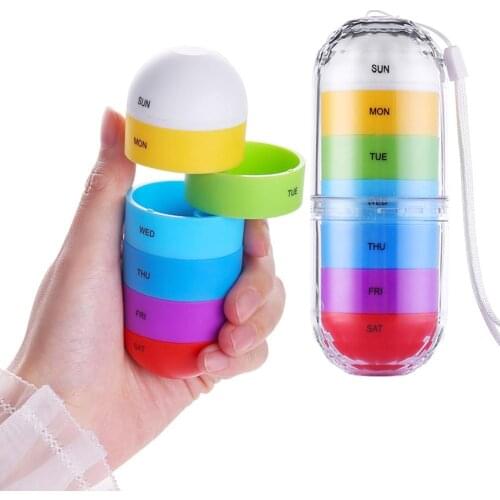 Medical Pill Splitter Storage Compartment Box Outdoor 7 Compartments Medicine Organizer With Drinking Bottle Portable Carrying